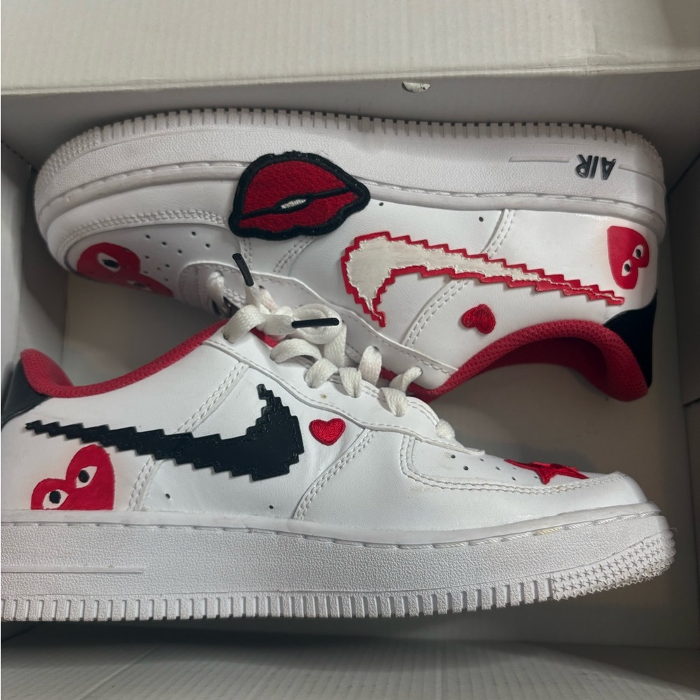 Nike White Sneakers with Red and Black Heart Accents